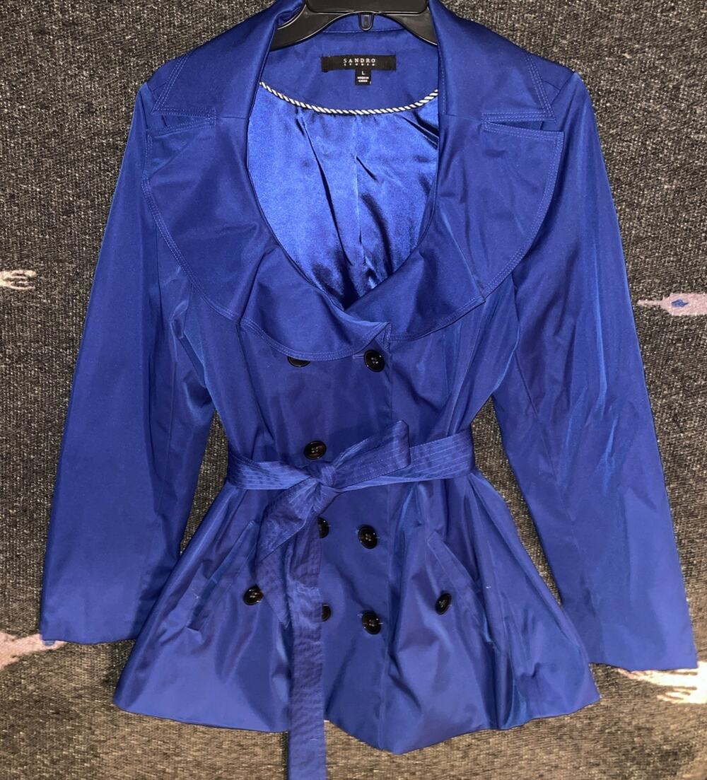 Sandro Double Breasted Short Trench With Ruffled Collar Size LARGE EUC!
